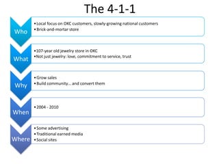 The 4-1-1
        • Local focus on OKC customers, slowly-growing national customers
        • Brick-and-mortar store
Who

...