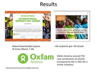 Results




       eAward downloaded approx.               >5K recipients got >2K eCards
       1K times (March 7-10)

   ...