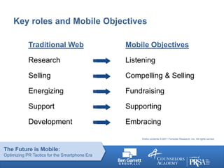The Future is Mobile:
Optimizing PR Tactics for the Smartphone Era
Key roles and Mobile Objectives
Traditional Web
Researc...