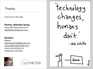 Thanks

Find me on the web


Partner, Altimeter Group
www.altimetergroup,com
deb@altimetergroup.com


Etcetera
@debs
deborahschultz@gmail.com
www.deborahschultz.com
www.tummelvision.tv
slideshare.net/debs
 