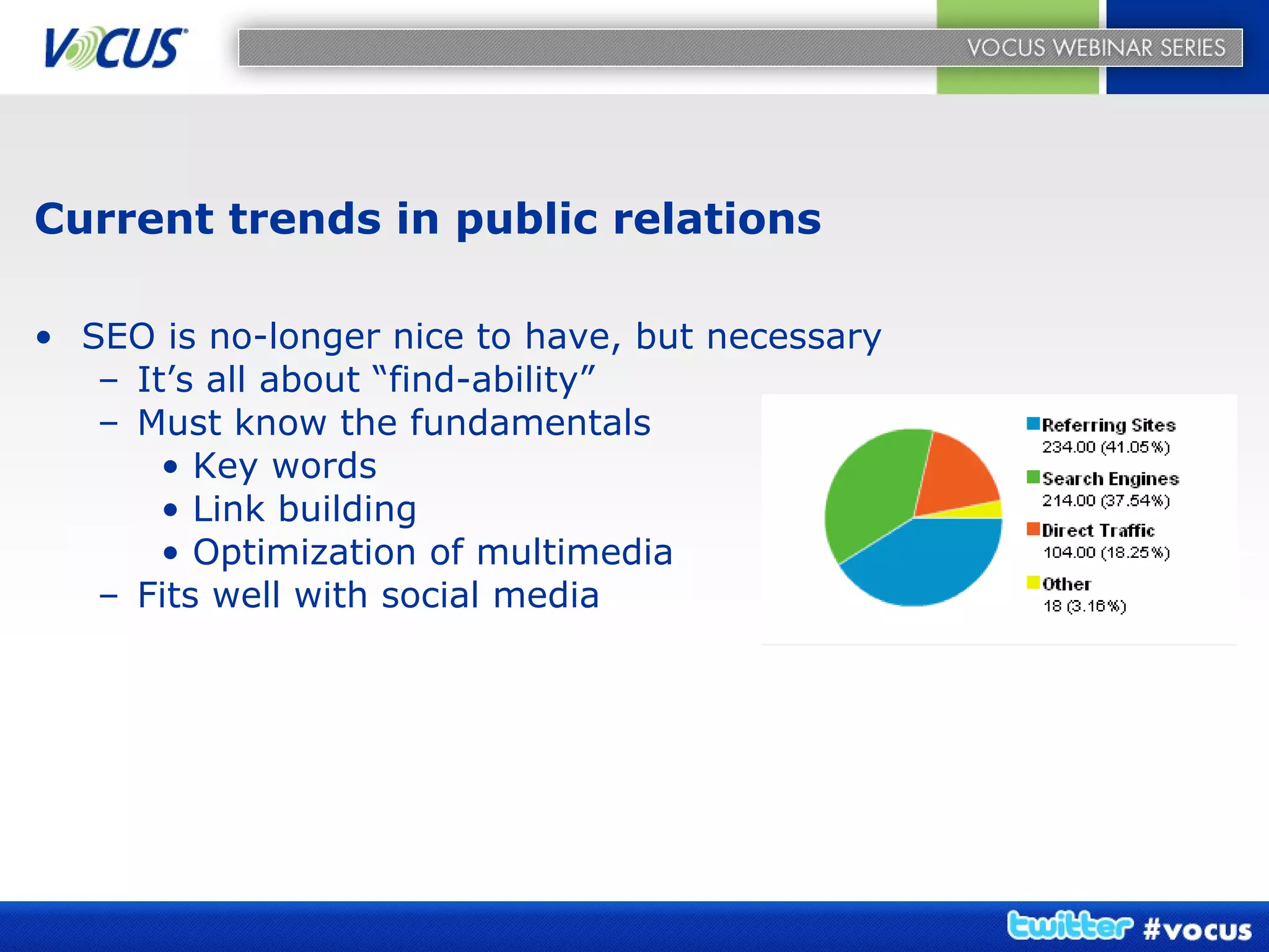 Current trends in public relations SEO is no-longer nice to have, but necessary It’s all about “find-ability” Must know the fundamentals Key words Link building Optimization of multimedia Fits well with social media   