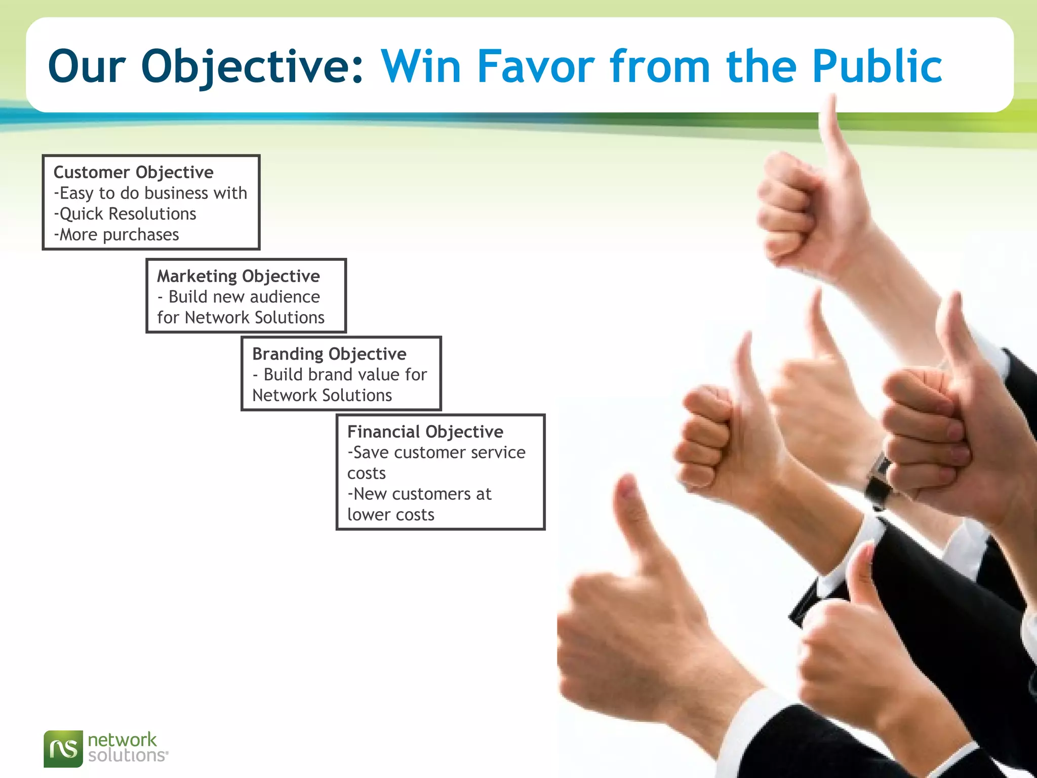 ©2011 Network Solutions, LLC 3
Our Objective: Win Favor from the Public
Customer Objective
-Easy to do business with
-Quick Resolutions
-More purchases
Financial Objective
-Save customer service
costs
-New customers at
lower costs
Marketing Objective
- Build new audience
for Network Solutions
Branding Objective
- Build brand value for
Network Solutions
 
