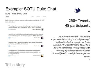 Example: SOTU Duke Chat

                                            250+	
 Tweets	
 
                                          45	
 par8cipants	
 
                                                                                        	
 
                                                                                     ”	
 
                              As	
 a	
 'Twi*er	
 newbie,"	
 I	
 found	
 the	
 
                    experience	
 interes;ng	
 and	
 enlightening,"	
 
                        said	
 poli;cal	
 science	
 professor	
 Paula	
 
                      McClain.	
 "It	
 was	
 interes;ng	
 to	
 see	
 how	
 
                      my	
 view	
 some;mes	
 corresponded	
 with	
 
                         those	
 of	
 my	
 colleagues	
 and	
 at	
 other	
 
                     ;mes	
 diﬀered.	
 I	
 am	
 deﬁnitely	
 up	
 for	
 this	
 
                                                                        again.	
 

                                                   	
  	
  	
 	
 	
  	
  	
 	
 "	
 
Tell a story.                                                                           	
 
 