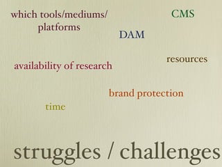 which tools/mediums/                CMS
     platforms
                           DAM

                                   resources
availability of research

                       brand protection
       time



struggles / challenges
 
