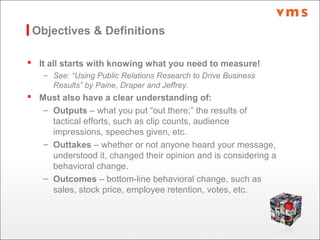 Objectives & Definitions
 It all starts with knowing what you need to measure!
– See: “Using Public Relations Research to...