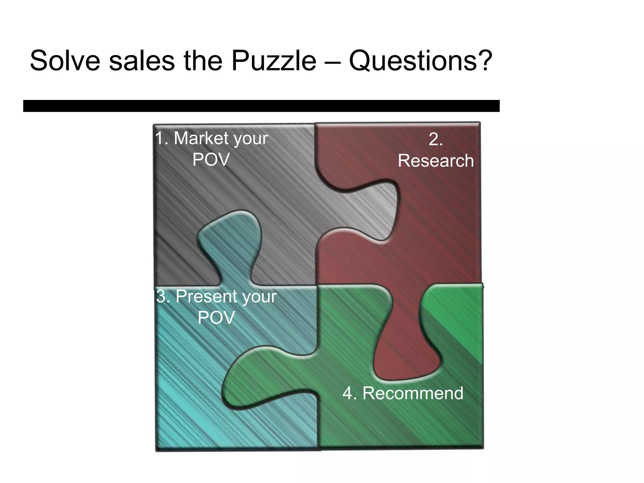 Solve sales the Puzzle – Questions?

         1. Market your            2.
             POV                Research




         3. Present your
              POV



                           4. Recommend
 