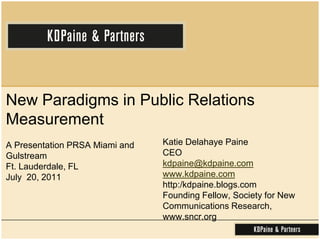 New Paradigms in Public Relations Measurement A Presentation PRSA Miami and GulstreamFt. Lauderdale, FL July  20, 2011Katie Delahaye PaineCEOkdpaine@kdpaine.comwww.kdpaine.comhttp:/kdpaine.blogs.comFounding Fellow, Society for New Communications Research, www.sncr.org 