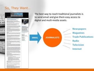 So, They Want…
                 The best way to reach traditional journalists is
                 to send email and give them easy access to
                 digital and multi-media assets.
 