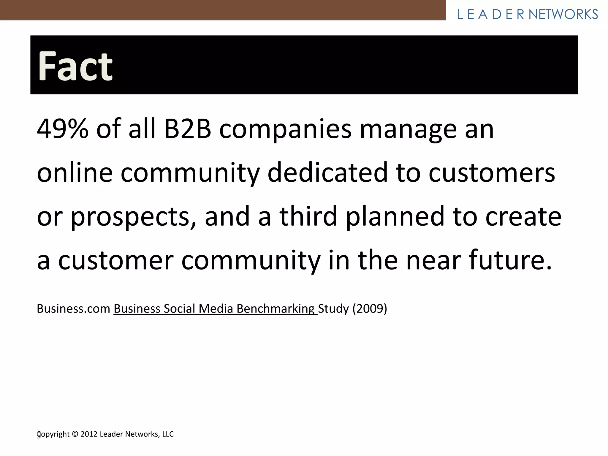 L E A D E R NETWORKS



Fact
49% of all B2B companies manage an
online community dedicated to customers
or prospects, and a third planned to create
a customer community in the near future.
Business.com Business Social Media Benchmarking Study (2009)




Copyright © 2012 Leader Networks, LLC
9
 