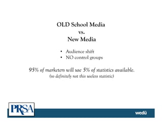 OLD School Media
vs.
New Media
•  Audience shift
•  NO control groups
95% of marketers will use 5% of statistics available.
(so definitely not this useless statistic)
 