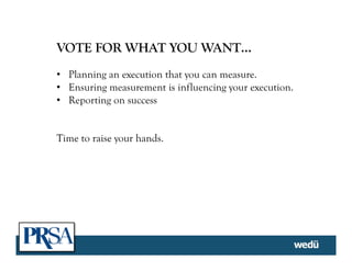 VOTE FOR WHAT YOU WANT…
•  Planning an execution that you can measure.
•  Ensuring measurement is influencing your execution.
•  Reporting on success
Time to raise your hands.
 