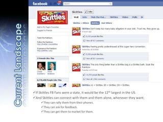 If Skittles FB Fans were a state, it would be the 12th largest in the US.
And Skittles can connect with them and them alone, whenever they want.
They can rally them from their phones.
They can ask for feedback.
They can get them to market for them.
 