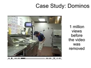 Case Study: Dominos
1 million
views
before
the video
was
removed
 