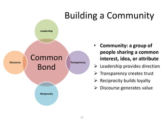 Building a Community
• Community: a group of
people sharing a common
interest, idea, or attribute
 Leadership provides direction
 Transparency creates trust
 Reciprocity builds loyalty
 Discourse generates value
42
Common
Bond
Leadership
Transparency
Reciprocity
Discourse
 