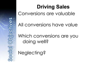 Conversions are valuable
All conversions have value
Which conversions are you
doing well?
Neglecting?
Driving Sales
 
