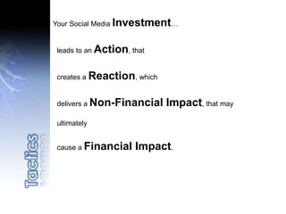 Your Social Media Investment…
leads to an Action, that
creates a Reaction, which
delivers a Non-Financial Impact, that may
ultimately
cause a Financial Impact.
 
