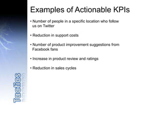 Examples of Actionable KPIs
• Number of people in a specific location who follow
us on Twitter
• Reduction in support costs
• Number of product improvement suggestions from
Facebook fans
• Increase in product review and ratings
• Reduction in sales cycles
 