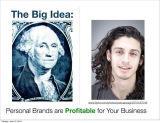 The Big Idea:




                                www.ﬂickr.com/photos/joshuacraig/3075437046


     Personal Brands are Proﬁtable for Your Business
Tuesday, June 15, 2010
 