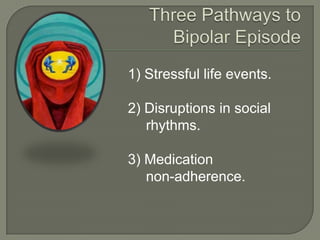 1) Stressful life events.

2) Disruptions in social
   rhythms.

3) Medication
   non-adherence.
 