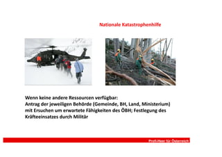 Nationale Katastrophenhilfe




Wenn keine andere Ressourcen verfügbar:
Antrag der jeweiligen Behörde (Gemeinde, BH, Land, Ministerium)
mit Ersuchen um erwartete Fähigkeiten des ÖBH; Festlegung des
Kräfteeinsatzes durch Militär



                                                     Profi-Heer für Österreich
 