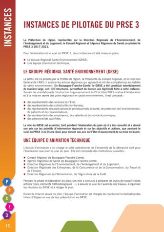 instances
10
Instances de pilotage du PRSE 3
La Préfecture de région, représentée par la Direction Régionale de l’Environnement, de
l’Aménagement et du Logement, le Conseil Régional et l’Agence Régionale de Santé co-pilotent le
PRSE 3 2017-2021.
Pour l’élaboration et le suivi du PRSE 3, deux instances ont été mises en place.
◆	 Le Groupe Régional Santé Environnement (GRSE),
◆	 Une équipe d’animation technique.
Le Groupe Régional Santé Environnement (GRSE)
Le GRSE est co-présidé par la Préfète de région, la Présidente du Conseil Régional, et le Directeur
Général de l’ARS. Il associe les acteurs régionaux qui agissent et ont des compétences en matière
de santé environnement. En Bourgogne-Franche-Comté, le GRSE a été constitué volontairement
de manière large, soit 130 structures, permettant de donner une légitimité forte à cette instance.
Suivant les orientations de l’instruction du gouvernement du 27 octobre 2015 relative à l’élaboration
et à la mise en œuvre des plans régionaux en santé environnement, il est composé :
◆	 des représentants des services de l’État,
◆	 des représentants des collectivités territoriales,
◆	 des représentants des associations de professionnels de santé, de protection de l’environnement,
	 de patients et de consommateurs,
◆	 des représentants des employeurs, des salariés et du monde économique,
◆	 des personnalités qualifiées.
Le rôle du GRSE est essentiel, tant pendant l’élaboration du plan où il a été consulté et a donné
son avis sur les priorités d’intervention régionale et sur les objectifs et actions, que pendant le
suivi du PRSE 3 où il sera réuni pour donner son avis sur l’état d’avancement de sa mise en œuvre.
Une équipe d’animation technique
L’équipe d’animation a en charge le volet opérationnel de l’ensemble de la démarche tant pour
l’élaboration que pour le suivi du plan. Elle est composée des institutions suivantes :
◆	 Conseil Régional de Bourgogne-Franche-Comté,
◆	 Agence Régionale de Santé de Bourgogne-Franche-Comté,
◆	 Direction Régionale de l’Environnement, de l’Aménagement et du Logement,
◆	 Direction Régionale des Entreprises, de la Concurrence et de la Consommation, du Travail et
	 de l’Emploi,
◆	 Direction Régionale de l’Alimentation, de l’Agriculture de la Forêt.
Pendant la phase d’élaboration du plan, son rôle a consisté à préparer les outils de travail (fiches
actions types, éléments méthodologiques …), à assurer le suivi de l’avancée des travaux, à organiser
les réunions du GRSE et à rédiger le plan.
Durant la mise en œuvre du plan, l’équipe d’animation est chargée de coordonner la réalisation des
bilans d’étapes en vue de leur présentation au GRSE.
 