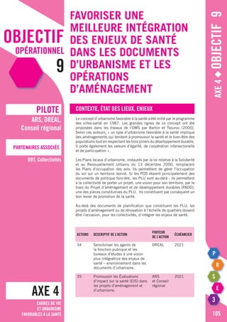 objectif
opérationnel
9
Axe4◆Objectif9
Contexte, état des lieux, enjeux
Le concept d’urbanisme favorable à la santé a été initié par le programme
des villes-santé en 1987. Les grandes lignes de ce concept ont été
proposées dans les travaux de l’OMS par Barton et Tsourou (2000).
Selon ces auteurs, « un type d’urbanisme favorable à la santé implique
des aménagements qui tendent à promouvoir la santé et le bien-être des
populations tout en respectant les trois piliers du développement durable.
Il porte également les valeurs d’égalité, de coopération intersectorielle
et de participation ».
Les Plans locaux d’urbanisme, instaurés par la loi relative à la Solidarité
et au Renouvellement Urbains du 13 décembre 2000, remplacent
les Plans d’occupation des sols. Ils permettent de gérer l’occupation
du sol sur un territoire donné. Si les POS étaient principalement des
documents de politique foncière, les PLU vont au-delà : ils permettent
à la collectivité de porter un projet, une vision pour son territoire, par le
biais du Projet d’aménagement et de développement durables (PADD),
une des pièces constitutives du PLU. Ils constituent par conséquent un
bon levier de promotion de la santé.
Au-delà des documents de planification que constituent les PLU, les
projets d’aménagement ou de rénovation à l’échelle de quartiers doivent
être l’occasion, pour les collectivités, d’intégrer les enjeux de santé.
AXE 4
pILOTE
Partenaires associés
105
ARS, DREAL,
Conseil régional
DDT, Collectivités
Cadres de vie
et urbanisme
favorables à la santé
Favoriser une
meilleure intégration
des enjeux de santé
dans les documents
d’urbanisme et les
opérations
d’aménagement
Actions Descriptif de l’action
Porteur
de l’action
échéancier
34 Sensibiliser les agents de
la fonction publique et les
bureaux d’études à une vision
plus intégratrice des enjeux de
santé – environnement dans les
documents d’urbanisme.
DREAL 2021
35 Promouvoir les Évaluations
d’impact sur la santé (EIS) dans
les projets d’aménagement et
d’urbanisme.
ARS
et Conseil
régional
2021
 