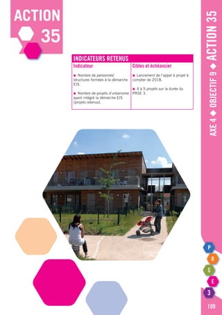 action
35
Axe4◆Objectif9◆Action35
109
Indicateurs retenus
Indicateur
●	 Nombre de personnes/
structures formées à la démarche
EIS.
●	 Nombre de projets d’urbanisme
ayant intégré la démarche EIS
(projets retenus).
Cibles et échéancier
●	 Lancement de l’appel à projet à
compter de 2018.
●	 4 à 5 projets sur la durée du
PRSE 3.
 