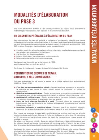 modalitésd’élaboration
11
Modalités d’élaboration
du PRSE 3
Une charte d’élaboration du PRSE 3 a été validée par le GRSE du 28 avril 2016. Elle définit la
méthodologie d’élaboration du plan, les outils et le calendrier de réalisation.
Un diagnostic préalable à l’élaboration du plan
Les trois copilotes du plan ont souhaité la réalisation d’un diagnostic préalable aux travaux
d’élaboration du futur plan régional permettant de disposer d’un état des lieux détaillé des enjeux
de santé environnement et des acteurs de la nouvelle région. Ce diagnostic a été confié à l’ORS
BFC et Alterre Bourgogne. Il a été réalisé en quatre phases distinctes :
◆	 Enquêtes auprès des acteurs locaux (associations, collectivités, représentants des entreprises et
	 des salariés), des universitaires et chercheurs,
◆	 État des lieux des dynamiques locales,
◆	 Collecte d’indicateurs traçants en santé environnementale,
◆	 Détermination de profils socio-environnementaux.
Le diagnostic est disponible sur le site internet de l’ARS :
www.bourgogne-franche-comte.ars.sante.fr
Sur la base de ce diagnostic, les axes de travail prioritaires ont été définis.
Constitution de Groupes de travail
autour de 5 axes stratégiques
Cinq axes stratégiques ont été retenus et validés par le Groupe régional santé environnement
(GRSE) le 28 avril 2016.
◆	 L’eau dans son environnement et au robinet : Comment améliorer, en quantité et en qualité,
	 la ressource en eau depuis le milieu naturel jusqu’à la distribution au robinet du
	 consommateur ?
◆	 Habitats et environnement intérieur : Quelles actions mettre en place pour prendre en compte
	 les enjeux de santé liés aux espaces clos (bruit, radon, air intérieur, confort thermique …) ?
◆	 Qualité de l’air extérieur et santé : Quelles actions mettre en place pour limiter les expositions
	 à la pollution atmosphérique et les allergies dues aux pollens ?
◆	 Cadres de vie et urbanisme favorables à la santé : Comment intégrer les enjeux de santé
	 environnement dans les stratégies et les projets d’aménagement, d’urbanisme et de mobilité
	 (déplacement, bruit…) ?
◆	 Dynamiques territoriales et synergies d’acteurs : Comment, à partir des dispositifs existants,
	 développer des actions et dynamiques territoriales en faveur de la santé environnementale ?
Pour chaque axe, un groupe de travail a été constitué animé par un pilote ayant reçu une lettre de
mission co-signée par le Conseil Régional, la Préfecture de Région et l’ARS. Ainsi, 58 institutions
et 125 personnes ont participé aux groupes de travail. La composition de chaque groupe est
précisée en annexe.
Par ailleurs, un document intitulé « Guide des ateliers thématiques – Note méthodologique pour
les pilotes » élaboré par l’équipe d’animation a été fourni aux pilotes. L’objectif fixé aux pilotes
était de proposer des fiches « objectifs opérationnels » et des « fiches actions » par axe stratégique.
Les travaux des groupes se sont déroulés de juin à décembre 2016. Durant cette période, l’équipe
d’animation technique a réuni à 3 reprises les pilotes pour faire des points d’étape.
Pour faciliter les échanges entre les participants des GT, l’équipe d’animation et les membres du
GRSE, un espace collaboratif internet a été mis en place.
 