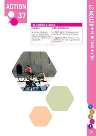 action
37
Axe4◆Objectif10◆Action37
115
Indicateurs retenus
Indicateur
●	 Nombre d’établisse-
ments sensibilisés et de
réalisations effectuées pour
favoriser les déplacements
à bicyclette.
Cibles et échéancier
●	 2017 – 2018 : Développement et
adaptation d’outils de sensibilisation.
●	 à partir de 2018 : Diffusion / mise
à disposition des outils + opérations de
sensibilisation.
 