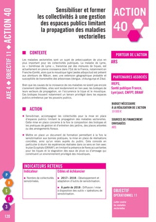Axe4◆Objectif11◆Action40
120
action
40
porteur de l’action
partenaires associés
■	contexte
Les maladies vectorielles sont un sujet de préoccupation de plus en
plus important pour les collectivités publiques. La maladie de Lyme,
ou « borréliose de Lyme », transmise par des morsures de tiques, est
actuellement en pleine croissance dans l’Est de la France, notamment en
Franche-Comté, alors que le moustique tigre (aedes albopictus) est présent
aux alentours de Mâcon, avec une extension géographique probable et
susceptible de transmettre des arboviroses (dengue, chikungunya et Zika).
Bien que les causes de la croissance de ces maladies ne soient pas encore
clairement identifiées, elles sont évidemment en lien avec les biotopes de
leurs vecteurs de propagation, en l’occurrence la tique et le moustique.
Ces biotopes trouvent notamment un terrain privilégié dans les espaces
publics entretenus par les pouvoirs publics.
■	action
◆	 Sensibiliser, accompagner les collectivités pour la mise en place
	 d’espaces publics limitant la propagation des maladies vectorielles.
	 Cette mise en place concerne à la fois la composition des biotopes et
	 les pratiques de gestion et d’entretien des jardins, des places arborées
	 ou des arrangements floraux.
◆	 Mettre en place un document de formation permettant à la fois la
	 sensibilisation aux bonnes pratiques, la mise en place de réalisations
	 concrètes, ainsi qu’un relais auprès du public. Cela consiste en
	 particulier à réunir les expériences réalisées dans ce sens en lien avec
	 le plan Ecophyto (DRAAF), en limitant la présence de flores accueillantes
	 pour les tiques et la stagnation des eaux de pluie ou d’arrosage qui
	 constituent un environnement privilégié des moustiques.
Sensibiliser et former
les collectivités à une gestion
des espaces publics limitant
la propagation des maladies
vectorielles
ARS
IREPS,
Santé publique France,
Lym’pact, CNFPT, DRAAF
Budget nécessaire
à la réalisation de l’action
10 000 €
Sources de financement
envisagées
ARS
objectif
opérationnel 11
Lutter contre
les maladies
vectorielles
Indicateurs retenus
Indicateur
●	 Nombre de collectivités
sensibilisées.
Cibles et échéancier
●	 2017– 2018 : Développement et
adaptation d’outils de sensibilisation.
●	 à partir de 2018 : Diffusion / mise
à disposition des outils + opérations de
sensibilisation.
 
