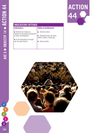 action
44
Axe5◆Objectif14◆Action44
134
Indicateurs retenus
Indicateurs
●	 Nombre de médecins
libéraux et de patients présents
à cette manifestation.
●	 Fiche évaluation à remplir
par les participants.
Cibles et échéancier
●	 2018 et 2021.
●	 Professionnels de santé :
URPS, Ordres, Syndicats.
●	 Grand public.
 