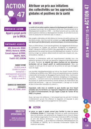 Axe5◆Objectif15◆Action47
139
action
47
porteur de l’action
partenaires associés
Appel à projet porté
par la DREAL
ARS, Université, DRAAF,
DRJSCS, Rectorat, ADEME,
Conseil régional, ALTERRE,
URCPIE, IREPS,
l’outil E-set, CEREMA
objectif
opérationnel 15
Outiller les collectivités
sur la santé-environnement
Budget estimé
45 000 € année N
(10 000 € X 3 projets
récompensés +
accompagnement personnalisé
des 3 projets : 5000 € X 3)
60 000 en année N+1
Sources de financement
envisagées
DREAL, ARS, ADEME, DRAAF
Attribuer un prix aux initiatives
des collectivités sur les approches
globales et positives de la santé
■	Contexte
La santé est une préoccupation majeure du développement durable comme
le souligne le principe I de la déclaration de Rio sur l’Environnement et le
Développement durable en 1992 : « les êtres humains sont au centre des
préoccupations relatives au développement durable. Ils ont droit à une vie
saine et productive en harmonie avec la nature ».
Des progrès indéniables ont été obtenus en termes de santé publique ces
dernières années, mais force est de constater que notre santé dépend pour
une bonne part de déterminants socio-économiques et environnementaux.
Dans un même temps, d’une manière générale, les engagements territoriaux
se multiplient en matière de transition écologique et énergétique :
PCAET, démarche TEPOS et TEPCV, Zéro gaspillage zéro déchets...et plus
généralement les projets territoriaux de développement durable. Ils ont en
commun d’agir sur certains déterminants de santé des citoyens (air, eau,
alimentation, habitat…).
Toutefois, la thématique santé est majoritairement abordée sous une
approche sanitaire et non par une approche intégratrice des déterminants
de santé. Pourtant, la majorité des plans d’actions de ces démarches
territoriales ont un impact positif en santé-environnement. Mais ces
impacts ne sont pas mis en avant car les actions ne sont pas envisagées
sous cet angle.
Les journées interdépartementales qui ont eu lieu durant l’année 2016 à
l’initiative de la DREAL et de l’ARS, et qui ont rassemblé plus de cinquante
collectivités territoriales de Bourgogne-Franche-Comté (élus, techniciens
en santé, développement durable, transition énergétique et écologique,
urbanisme….) ont bien conclu sur la nécessité de rendre davantage visible
les actions en santé-environnement comme vecteurs de mobilisation des
acteurs des territoires : « agir sur l’environnement, c’est agir sur la santé
et donc le bien-être individuel et collectif ».
Cependant, cette mise en visibilité ne peut résulter que d’un travail
préalable dans les territoires sur l’approche intégratrice des déterminants
de santé et d’environnement, tel que l’appel à projet de l’action 49 du
PRSE 3 le prévoit.
Aussi, par souci de cohérence, il est proposé que ces prix de l’initiative
n’interviennent qu’une fois effectué le diagnostic et esquissé le plan
d’actions, comme signe d’encouragement et d’émulation.
■	action
◆	Lancer un appel à projets annuel pour faciliter la mise en œuvre
	 d’initiatives locales et l’essaimage d’actions en santé environnement
	 dans les territoires. Les partenaires se chargeront de la mise en réseau
	 des initiatives (organisation d’un train des initiatives en BFC, d’échanges
	 au sein des réseaux territoriaux, ...), de leur valorisation sur E-set
	 (vidéos, interviews…), de la rédaction d’éléments méthodologiques (via
	 le CEREMA et l’IREPS), de la remontée d’information auprès des
	 instances nationales.
 