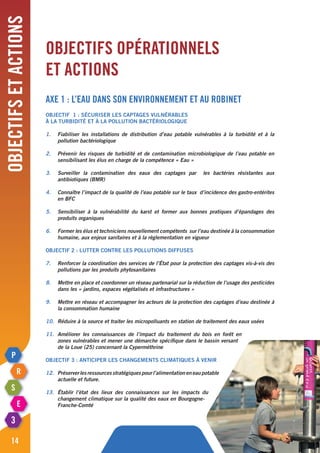 Objectifsetactions
14
Objectifs opérationnels
et actions
Axe 1 : L’eau dans son environnement et au robinet
Objectif 1 : Sécuriser les captages vulnérables
à la turbidité et à la pollution bactériologique
1.	 Fiabiliser les installations de distribution d’eau potable vulnérables à la turbidité et à la
	 pollution bactériologique
2.	 Prévenir les risques de turbidité et de contamination microbiologique de l’eau potable en
	 sensibilisant les élus en charge de la compétence « Eau »
3.	 Surveiller la contamination des eaux des captages par les bactéries résistantes aux
	 antibiotiques (BMR)
4.	 Connaître l’impact de la qualité de l’eau potable sur le taux d’incidence des gastro-entérites
	 en BFC
5.	 Sensibiliser à la vulnérabilité du karst et former aux bonnes pratiques d’épandages des
	 produits organiques
6.	 Former les élus et techniciens nouvellement compétents sur l’eau destinée à la consommation
	 humaine, aux enjeux sanitaires et à la règlementation en vigueur
Objectif 2 : Lutter contre les pollutions diffuses
7.	 Renforcer la coordination des services de l’état pour la protection des captages vis-à-vis des
	 pollutions par les produits phytosanitaires
8.	 Mettre en place et coordonner un réseau partenarial sur la réduction de l’usage des pesticides
	 dans les « jardins, espaces végétalisés et infrastructures »
9.	 Mettre en réseau et accompagner les acteurs de la protection des captages d’eau destinée à
	 la consommation humaine
10.	 Réduire à la source et traiter les micropolluants en station de traitement des eaux usées
11.	 Améliorer les connaissances de l’impact du traitement du bois en forêt en
	 zones vulnérables et mener une démarche spécifique dans le bassin versant
	 de la Loue (25) concernant la Cyperméthrine
Objectif 3 : Anticiper les changements climatiques à venir
12.	 Préserverlesressourcesstratégiquespourl’alimentationeneaupotable
	 actuelle et future.
13.	Établir l’état des lieux des connaissances sur les impacts du
	 changement climatique sur la qualité des eaux en Bourgogne-
	Franche-Comté
 