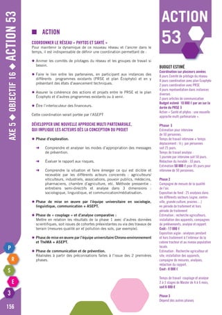 Axe5◆Objectif16◆Action53
156
action
53
■	action
Coordonner le réseau « Phytos et santé »
Pour maintenir la dynamique de ce nouveau réseau et l’ancrer dans le
temps, il est indispensable de définir une coordination permettant de :
◆	Animer les comités de pilotages du réseau et les groupes de travail si
	besoin.
◆	Faire le lien entre les partenaires, en participant aux instances des
	 différents programmes existants (PRSE et plan Écophyto) et en y
	 présentant des états d’avancement techniques.
◆	Assurer la cohérence des actions et projets entre le PRSE et le plan
	 Écophyto et d’autres programmes existants ou à venir.
◆	être l’interlocuteur des financeurs.
Cette coordination serait portée par l’ASEPT
Développer une nouvelle approche multi partenariale,
qui implique les acteurs dès la conception du projet
◆	Phase d’exploration.
	 ➜	 Comprendre et analyser les modes d’appropriation des messages
		 de prévention.
	 ➜	 évaluer le rapport aux risques.
	 ➜	 Comprendre la situation et faire émerger ce qui est dicible et
		 recevable par les différents acteurs concernés : agriculteurs/
		 viticulteurs, industriels, associations, pouvoir publics, médecins,
		 pharmaciens, chambre d’agriculture, etc. Méthode pressentie :
		 entretiens semi-directifs et analyse dans 3 dimensions :
		 sociologique, linguistique, et communication/médiatisation.
◆	Phase de mise en œuvre par l’équipe universitaire en sociologie,
	 linguistique, communication + ASEPT.
◆	Phase de « couplage » et d’analyse comparative :
	 Mettre en relation les résultats de la phase 1 avec d’autres données
	 scientifiques, soit issues de cohortes préexistantes ou via des travaux de
	 terrain (mesures qualité air et pollution des sols, par exemple).
◆	 Phase de mise en œuvre par l’équipe universitaire Chrono-environnement
	 et ThéMA + ASEPT.
◆	Phase de communication et de prévention.
	 Réalisées à partir des préconisations faites à l’issue des 2 premières
	phases.
Budget estimé
Coordination sur plusieurs années
8 jours Comité de pilotage du réseau
8 jours coordination avec plan Ecophyto
2 jours coordination avec PRSE
4 jours représentation dans instances
diverses
2 jours articles de communication
Budget estimé 10 000 € par an sur la
durée du PRSE 3
Action « Santé et phytos : une nouvelle
approche multi partenariale ».
Phase 1
Estimation pour interview
de 50 personnes.
Temps de travail interview + temps
déplacement : ½ j par personnes
soit 25 jours.
Temps de travail analyse :
1 journée par interview soit 50 jours.
Rédaction du livrable : 10 jours.
Estimation 50 000 € pour 85 jours pour
interview de 50 personnes.
Phase 2
Campagne de mesure de la qualité
de l’air.
Exposition de fond : 25 analyses dans
les différents secteurs (vigne, centre-
ville, grande culture, prairies…)
en période de traitement et hors
période de traitement
Estimation : recherche agriculteurs,
installation des appareils, campagnes
de prélèvements, analyse et rapport.
Coût : 17 000 €
Exposition aigüe : analyses pendant
et hors traitement à l’intérieur de la
cabine tracteur et au niveau population
locale.
Estimation : Recherche agriculteur et
site, installation des appareils,
campagne de mesures, analyses,
rédaction du rapport.
Cout : 8 000 €
Temps de travail couplage et analyse
2 à 3 stages de Master de 4 à 6 mois,
soit 6 000 €
Phase 3
Dépend des autres phases
 
