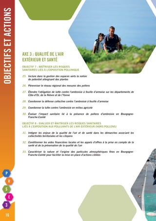 Objectifsetactions
16
Axe 3 : Qualité de l’air
extérieur et santé
Objectif 7 : Maîtriser les risques
sanitaires liés à l’exposition pollinique
25.	 Inclure dans la gestion des espaces verts la notion
	 de potentiel allergisant des plantes
26.	 Pérenniser le réseau régional des mesures des pollens
27.	Étendre l’obligation de lutte contre l’ambroisie à feuille d’armoise sur les départements de
	 Côte-d’Or, de la Nièvre et de l’Yonne
28.	 Coordonner la défense collective contre l’ambroisie à feuille d’armoise
29.	 Coordonner la lutte contre l’ambroisie en milieu agricole
30.	Évaluer l’impact sanitaire lié à la présence de pollens d’ambroisie en Bourgogne-
	Franche-Comté
Objectif 8 : Evaluer et maitriser les risques sanitaires
liés à l’exposition aux polluants de l’air extérieur (hors pollens)
31.	 Intégrer les enjeux de la qualité de l’air et de santé dans les démarches associant les
	 collectivités territoriales et les citoyens
32.	 Conditionner les aides financières locales et les appels d’offres à la prise en compte de la
	 santé et de la préservation de la qualité de l’air
33.	Caractériser la nature et l’origine des particules atmosphériques fines en Bourgogne-
	 Franche-Comté pour faciliter la mise en place d’actions ciblées
 