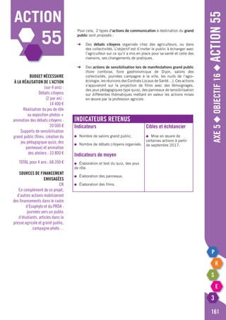 Axe5◆Objectif16◆Action55
161
action
55
	 Pour cela, 2 types d’actions de communication à destination du grand
	public sont proposés :
	 ➜	Des débats citoyens organisés chez des agriculteurs, ou dans
		 des collectivités. L’objectif est d’inviter le public à échanger avec
		 l’agriculteur sur ce qu’il a mis en place pour sa santé et celle des
		 riverains, ses changements de pratiques.
	 ➜	Des actions de sensibilisation lors de manifestations grand public
		 (foire comtoise, foire gastronomique de Dijon, salons des
		 collectivités, journées campagne à la ville, les nuits de l’agro-
		 écologie, les réunions des Contrats Locaux de Santé…). Ces actions
		 s’appuieront sur la projection de films avec des témoignages,
		 des jeux pédagogiques type quizz, des panneaux de sensibilisation
		 sur différentes thématiques mettant en valeur les actions mises
		 en œuvre par la profession agricole.
Indicateurs retenus
Indicateurs
●	 Nombre de salons grand public.
●	 Nombre de débats citoyens organisés.
Indicateurs de moyen
●	 élaboration et test du quiz, des jeux
de rôle.
●	 élaboration des panneaux.
●	 élaboration des films.
Cibles et échéancier
●	 Mise en œuvre de
certaines actions à partir
de septembre 2017.
Budget nécessaire
à la réalisation de l’action
(sur 4 ans) :
	 Débats citoyens
(2 par an) :
14 400 €
	 Réalisation du jeu de rôle
ou exposition photos +
animation des débats citoyens :
20 000 €
	 Supports de sensibilisation
grand public (films, création du
jeu pédagogique quizz, des
panneaux) et animation
des ateliers : 33 800 €
TOTAL pour 4 ans : 68 200 €
Sources de financement
envisagées
CR
En complément de ce projet,
d’autres actions mobiliseront
des financements dans le cadre
d’Ecophyto et du PRDA :
journées vers un public
d’étudiants, articles dans la
presse agricole et grand public,
campagne photo…
 