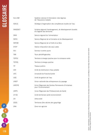 Glossaire
178
Sniir-AM 	 Système national d’information inter-régimes
	 de l’Assurance maladie
SOCLE	 Stratégie d’organisation des compétences locales de l’eau
SRADDET	 Schéma régional d’aménagement, de développement durable
	 et d’égalité des territoires
SRAl	 Service régional de l’alimentation
SRFD	 Service Régional de la Formation et du Développement
SRFOB	 Service Régional de la Forêt et du Bois
STEP	 Station d’épuration des eaux usées
SVJ	 Sonneur à ventre jaune
TAR	 Tours aéroréfrigérantes
TEPCV	 Territoire à énergie positive pour la croissance verte
TEPOS	 Territoire à énergie positive
TP	 Travaux publics
UDI	 Unité de distribution d’eau potable
UFC	 Université de Franche-Comté
UGE	 Unité de gestion de l’eau
UNEP	 Union nationale des entrepreneurs du paysage
URCPIE	 Union Régionale des Centres Permanents d’Initiatives
	 pour l’Environnement
URPS	 Union Régionale des Professionnels de Santé
UT-SE 	 Unité territoriale santé environnement
UV	Ultra-violet
ZDZG	 Territoires Zéro déchet zéro gaspillage
ZNA	 Zone non agricole
©Terra-SophieBoisteau,ArnaudBouissou,ManuelBouquet,GérardCrossay,ThierryDegen,DanielJoseph-Reinette,LaurentMignaux,FabriceRoger,BernardSuard,DamienValente
©Phovoirimages©Creativecommons
 