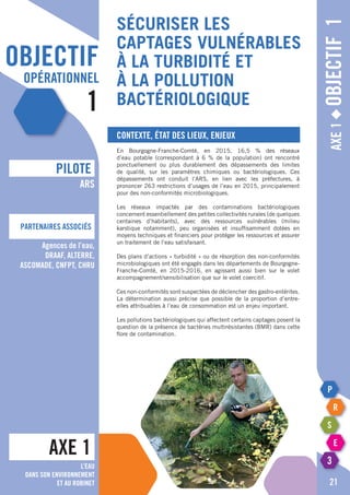 objectif
opérationnel
1
sécuriser les
captages vulnérables
à la turbidité et
à la pollution
bactériologique
Axe1◆Objectif1
Contexte, état des lieux, enjeux
En Bourgogne-Franche-Comté, en 2015, 16,5 % des réseaux
d’eau potable (correspondant à 6 % de la population) ont rencontré
ponctuellement ou plus durablement des dépassements des limites
de qualité, sur les paramètres chimiques ou bactériologiques. Ces
dépassements ont conduit l’ARS, en lien avec les préfectures, à
prononcer 263 restrictions d’usages de l’eau en 2015, principalement
pour des non-conformités microbiologiques.
Les réseaux impactés par des contaminations bactériologiques
concernent essentiellement des petites collectivités rurales (de quelques
centaines d’habitants), avec des ressources vulnérables (milieu
karstique notamment), peu organisées et insuffisamment dotées en
moyens techniques et financiers pour protéger les ressources et assurer
un traitement de l’eau satisfaisant.
Des plans d’actions « turbidité » ou de résorption des non-conformités
microbiologiques ont été engagés dans les départements de Bourgogne-
Franche-Comté, en 2015-2016, en agissant aussi bien sur le volet
accompagnement/sensibilisation que sur le volet coercitif.
Ces non-conformités sont suspectées de déclencher des gastro-entérites.
La détermination aussi précise que possible de la proportion d’entre-
elles attribuables à l’eau de consommation est un enjeu important.
Les pollutions bactériologiques qui affectent certains captages posent la
question de la présence de bactéries multirésistantes (BMR) dans cette
flore de contamination.
AXE 1
pILOTE
Partenaires Associés
21
ARS
Agences de l’eau,
DRAAF, ALTERRE,
ASCOMADE, CNFPT, CHRU
L’eau
dans son environnement
et au robinet
 