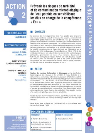 porteur de l’action
partenaires associés
Axe1◆Objectif1◆Action2
■	Contexte
La présence de micro-organismes dans l’eau potable peut engendrer
des risques sanitaires à court terme pour les usagers, principalement
des troubles gastro-intestinaux. La turbidité de l’eau qui représente la
présence de matières en suspension dans l’eau, peut notamment favoriser
l’existence de ces germes pathogènes. Ces contaminations sont souvent
ponctuelles du fait d’une rupture dans le traitement de désinfection ou d’un
défaut d’entretien des canalisations, et ne sont pas traitées correctement.
La qualité microbiologique de l’eau distribuée est hétérogène sur le
territoire. En effet, en Bourgogne-Franche-Comté, en 2015, 12,6 % des
unités de distribution ont présenté des non-conformités bactériologiques
ponctuelles, généralement de moins d’une semaine. Concernant la
turbidité, les campagnes d’analyses menées par l’ARS de 2012 à 2014
en Franche-Comté ont démontré que 13,6 % des unités de distribution
ont présenté des non-conformités récurrentes vis-à-vis de ce paramètre.
Un état des lieux de la situation est prévu en 2017.
■	Action
Réaliser des réunions d’information et d’échanges sur la désinfection
bactériologique des réseaux et la turbidité de l’eau destinée à la
consommation humaine sur le territoire bourguignon, à l’attention des élus
et techniciens de collectivités du territoire ayant ou prenant prochainement
la compétence « Eau » (Loi NOTRe). Ces réunions ont été réalisées en 2016
sur le territoire franc-comtois. Leur objectif est d’informer les collectivités
sur les enjeux sanitaires liés à la turbidité de l’eau, de les sensibiliser sur
la qualité microbiologique de l’eau et d’établir une réflexion sur la maitrise
d’ouvrage la mieux adaptée au traitement de l’eau. Ces réunions seront
accompagnées de visites d’usines de production d’eau potable munies
d’un traitement spécifique pour éliminer la turbidité.
Quatre réunions maximum seront réalisées. Ce chiffre pourra être revu à
la baisse en fonction des besoins identifiés par l’ARS BFC lors de l’état
des lieux.
Cette action sera à réaliser en complément et en concordance avec
l’action 1 portée par l’ARS.
Prévenir les risques de turbidité
et de contamination microbiologique
de l’eau potable en sensibilisant
les élus en charge de la compétence
« Eau »
ASCOMADE
ARS,
Agences de l’eau,
ALTERRE, DDT
25
Budget nécessaire
à la réalisation de l’action
25 000 €
Sources de financement
envisagées
ASCOMADE,
ARS,
Agences de l’eau
Indicateurs retenus
Indicateurs
●	 Nombre de réunions.
●	 Nombre de participants et
de collectivités aux réunions.
●	 Analyse d’un questionnaire
de satisfaction.
Cibles et échéancier
●	 Réalisation en 2018.
action
2
objectif
opérationnel 1
Sécuriser les captages
vulnérables à la turbidité
et à la pollution bactériologique
 