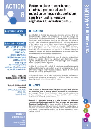 Axe1◆Objectif2◆Action8
35
Mettre en place et coordonner
un réseau partenarial sur la
réduction de l’usage des pesticides
dans les « jardins, espaces
végétalisés et infrastructures »
■	Contexte
La réduction de l’emploi des pesticides constitue un enjeu à la fois
environnemental, sanitaire et économique. En vue de protéger les
populations et leur environnement dans un avenir proche, les collectivités
territoriales, les établissements publics et les particuliers sont incités à
stopper l’usage de produits phytosanitaires pour l’entretien des jardins
et des espaces verts, et à le réduire pour l’entretien des infrastructures.
La loi Labbé du 6 février 2014 interdit au 1er
janvier 2017 l’utilisation
des produits phytosanitaires dans les espaces publics, hors espaces à
contraintes tels que les cimetières. Ces espaces, où les attentes esthétiques
sont fortes, peuvent être difficiles à entretenir en techniques alternatives
sans reprendre complètement les aménagements.
En Bourgogne et en Franche-Comté, cet enjeu de réduction des pesticides
en zone non agricole a donné lieu à plusieurs types d’actions au niveau
régional (charte jardinerie, opération villes et villages sans pesticides,
appels à projet du Conseil régional).
Le bilan de ces actions et le contexte de fusion des régions font apparaître
un besoin d’améliorer la coordination, le suivi et la mise en œuvre de ces
différentes politiques de réduction des pesticides, et ainsi de renforcer les
actions, leur lisibilité et leur articulation.
Le Conseil régional a mis en place en 2017 un règlement d’intervention
« Gestion des cimetières sans pesticide ». Il permet d’aider les études
d’avant-projet, la communication et les travaux.
■	Action
Créer et animer un réseau partenarial d’acteurs concernés par la réduction
des pesticides dans les jardins, espaces végétalisés et infrastructures
en Bourgogne-Franche-Comté. Mettre en réseau les acteurs concernés
et les accompagner (informations techniques et réglementaires utiles,
mutualisation d’outils de communication…).
Améliorer la coordination, le suivi et la mise en œuvre des différentes
politiques de réduction des pesticides dans les zones non agricoles en
Bourgogne-Franche-Comté. Le réseau permettra de disposer d’une vision
d’ensemble des acteurs, des dynamiques et des actions engagées pour la
réduction ou l’arrêt de l’usage des pesticides sur les différents territoires
de la région. Suivre et rendre compte des actions engagées au niveau
régional et local.
action
8
porteur de l’action
partenaires associés
Alterre
ARS, AERMC, AELB, AESN,
Conseil régional,
DRAAF, DREAL,
FREDON Bourgogne,
FREDON Franche-Comté,
ASCOMADE, FNE,
Veille au grain
(Association d’agriculture
durable qui diffuse l’information
sur les OGM et pesticides)...
Budget nécessaire
à la réalisation de l’action
130 000 €/ an
Sources de financement
envisagées
DRAAF, DREAL, AESN, AELB,
AERMC, ARS,
Conseil régional
objectif
opérationnel 2
Lutter
contre les pollutions
diffuses
 