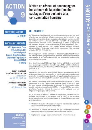 Axe1◆Objectif2◆Action9
37
action
9
Mettre en réseau et accompagner
les acteurs de la protection des
captages d’eau destinée à la
consommation humaine
■	Contexte
En Bourgogne-Franche-Comté, de nombreuses ressources en eau sont
affectées par les pollutions diffuses, notamment par les nitrates et les
pesticides. La protection de ces ressources est un objectif environnemental
et sanitaire décliné à travers différents dispositifs et engagements
réglementaires (Grenelle, SDAGE, plan Ecophyto II, PNSE…) impliquant
de nombreux acteurs : collectivités locales et leurs groupements, ARS,
agences de l’eau, DREAL, DDT, DRAAF, Conseil régional, Conseils
départementaux, Chambres d’agriculture, organismes bio, bureaux
d’études, SAFER, FREDON, etc.
En Bourgogne, un « Réseau Captages » a été créé en 2013 afin de favoriser
les échanges et les synergies entre ces différents acteurs de la protection
des captages, et de capitaliser et diffuser des informations et des retours
d’expériences pertinents.
Créé dans le cadre du PRSE 2, porté par l’ARS et la DREAL en partenariat
avec les trois agences de l’eau (Loire-Bretagne, Rhône Méditerranée Corse
et Seine-Normandie), il a été animé par Alterre Bourgogne-Franche-Comté
jusqu’en 2016.
Le bilan de cette action fait ressortir que le réseau a pris de l’ampleur au fur
et à mesure des années, avec de plus en plus de participants aux journées
organisées et des attentes grandissantes de la part des partenaires comme
des animateurs et référents techniques de la protection des captages.
En parallèle, le contexte institutionnel a fortement évolué avec la fusion
des régions en 2016, l’adoption de nouveaux SDAGE 2016-2021 pour
les trois bassins hydrographiques, le transfert de la compétence eau
potable aux intercommunalités (loi NOTRe) à l’horizon 2020 et la création
prochaine d’un centre national de ressources sur les captages, porté par
l’Agence française pour la biodiversité.
Au vu du bilan du Réseau Captages et compte tenu de l’évolution du
contexte institutionnel, il est proposé, pour le PRSE 3, une nouvelle
action poursuivant et renforçant les travaux du Réseau Captages avec trois
priorités majeures :
◆	 Mettre en réseau les acteurs concernés par la protection des captages
	 pour favoriser les échanges et les synergies.
◆	 Sensibiliser et informer sur la protection des captages en fournissant
	 des connaissances techniques et réglementaires pertinentes.
◆	 Capitaliser et partager les expériences locales comme nationales.
porteur de l’action
partenaires associés
Alterre
ARS, Agences de l’eau,
DREAL, DRAAF, DDT
Conseil régional,
Conseils départementaux,
Chambres d’agriculture,
BIOBOURGOGNE
INTERBIO
Budget nécessaire
à la réalisation de l’action
100 000 € / an
soit 500 000 € sur 5 ans
Sources de financement
envisagées
ARS, agences de l’eau
objectif
opérationnel 2
Lutter
contre les pollutions
diffuses
 