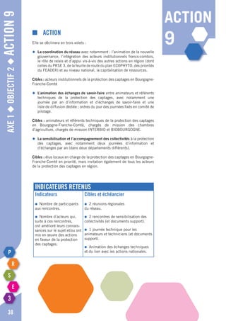 Axe1◆Objectif2◆Action9
38
action
9
Indicateurs retenus
Indicateurs
●	 Nombre de participants
aux rencontres.
●	 Nombre d’acteurs qui,
suite à ces rencontres,
ont amélioré leurs connais-
sances sur le sujet et/ou ont
mis en œuvre des actions
en faveur de la protection
des captages.
Cibles et échéancier
●	 2 réunions régionales
du réseau.
●	 2 rencontres de sensibilisation des
collectivités (et documents support).
●	 1 journée technique pour les
animateurs et techniciens (et documents
support).
●	 Animation des échanges techniques
et du lien avec les actions nationales.
■	Action
Elle se déclinera en trois volets :
◆	 La coordination du réseau avec notamment : l’animation de la nouvelle
	 gouvernance, l’intégration des acteurs institutionnels francs-comtois,
	 le rôle de relais et d’appui vis-à-vis des autres actions en région (dont
	 celles du PRSE 3, de la feuille de route du plan ECOPHYTO, des priorités
	 du FEADER) et au niveau national, la capitalisation de ressources.
Cibles : acteurs institutionnels de la protection des captages en Bourgogne-
Franche-Comté
◆	 L’animation des échanges de savoir-faire entre animateurs et référents
	 techniques de la protection des captages, avec notamment une
	 journée par an d’information et d’échanges de savoir-faire et une
	 liste de diffusion dédiée ; ordres du jour des journées fixés en comité de
	pilotage.
Cibles : animateurs et référents techniques de la protection des captages
en Bourgogne-Franche-Comté, chargés de mission des chambres
d’agriculture, chargés de mission INTERBIO et BIOBOURGOGNE.
◆	 La sensibilisation et l’accompagnement des collectivités à la protection
	 des captages, avec notamment deux journées d’information et
	 d’échanges par an (dans deux départements différents).
Cibles : élus locaux en charge de la protection des captages en Bourgogne-
Franche-Comté en priorité, mais invitation également de tous les acteurs
de la protection des captages en région.
 