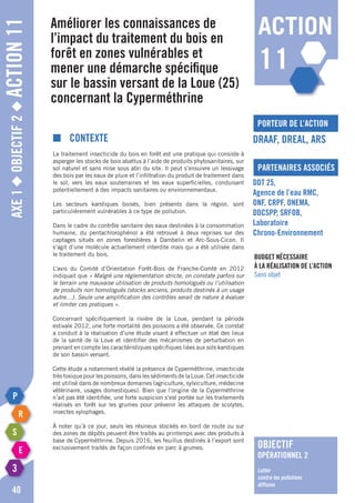 Axe1◆Objectif2◆Action11
40
action
11
porteur de l’action
partenaires associés
■	Contexte
Le traitement insecticide du bois en forêt est une pratique qui consiste à
asperger les stocks de bois abattus à l’aide de produits phytosanitaires, sur
sol naturel et sans mise sous abri du site. Il peut s’ensuivre un lessivage
des bois par les eaux de pluie et l’infiltration du produit de traitement dans
le sol, vers les eaux souterraines et les eaux superficielles, conduisant
potentiellement à des impacts sanitaires ou environnementaux.
Les secteurs karstiques boisés, bien présents dans la région, sont
particulièrement vulnérables à ce type de pollution.
Dans le cadre du contrôle sanitaire des eaux destinées à la consommation
humaine, du pentachlorophénol a été retrouvé à deux reprises sur des
captages situés en zones forestières à Dambelin et Arc-Sous-Cicon. Il
s’agit d’une molécule actuellement interdite mais qui a été utilisée dans
le traitement du bois.
L’avis du Comité d’Orientation Forêt-Bois de Franche-Comté en 2012
indiquait que « Malgré une réglementation stricte, on constate parfois sur
le terrain une mauvaise utilisation de produits homologués ou l’utilisation
de produits non homologués (stocks anciens, produits destinés à un usage
autre…). Seule une amplification des contrôles serait de nature à évaluer
et limiter ces pratiques ».
Concernant spécifiquement la rivière de la Loue, pendant la période
estivale 2012, une forte mortalité des poissons a été observée. Ce constat
a conduit à la réalisation d’une étude visant à effectuer un état des lieux
de la santé de la Loue et identifier des mécanismes de perturbation en
prenant en compte les caractéristiques spécifiques liées aux sols karstiques
de son bassin versant.
Cette étude a notamment révélé la présence de Cyperméthrine, insecticide
très toxique pour les poissons, dans les sédiments de la Loue. Cet insecticide
est utilisé dans de nombreux domaines (agriculture, sylviculture, médecine
vétérinaire, usages domestiques). Bien que l’origine de la Cyperméthrine
n’ait pas été identifiée, une forte suspicion s’est portée sur les traitements
réalisés en forêt sur les grumes pour prévenir les attaques de scolytes,
insectes xylophages.
à noter qu’à ce jour, seuls les résineux stockés en bord de route ou sur
des zones de dépôts peuvent être traités au printemps avec des produits à
base de Cyperméthrine. Depuis 2016, les feuillus destinés à l’export sont
exclusivement traités de façon confinée en parc à grumes.
Améliorer les connaissances de
l’impact du traitement du bois en
forêt en zones vulnérables et
mener une démarche spécifique
sur le bassin versant de la Loue (25)
concernant la Cyperméthrine
DRAAF, DREAL, ARS
DDT 25,
Agence de l’eau RMC,
ONF, CRPF, ONEMA,
DDCSPP, SRFOB,
Laboratoire
Chrono-Environnement
Budget nécessaire
à la réalisation de l’action
Sans objet
objectif
opérationnel 2
Lutter
contre les pollutions
diffuses
 