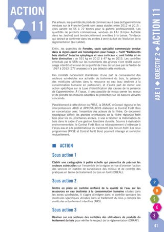 Axe1◆Objectif2◆Action11
41
action
11
Par ailleurs, les quantités de produits commerciaux à base de Cyperméthrine
vendues sur la Franche-Comté sont assez stables entre 2012 et 2015 ;
elles varient de 56 à 72 tonnes pour la gamme professionnelle. Les
quantités de produits commerciaux, vendues en EAJ (Emploi Autorisé
dans les Jardins) sont tendanciellement orientées à la baisse. Tendance
qui devrait se confirmer dans les années à venir du fait de l’évolution de la
réglementation (Loi Labbé).
Enfin, les quantités de Forester, seule spécialité commerciale vendue
dans la région ayant une homologation pour l’usage « Forêt "traitements
bois abattus" Insectes xylophages et sous corticaux », sont faibles et en
forte diminution : de 551 kg en 2012 à 47 kg en 2015. Les contrôles
effectués par le SRAl sur les traitements des grumes n’ont révélé aucun
usage interdit et le suivi de la qualité de l’eau de la Loue par la Fredon de
1997 à 2013 (577 analyses) n’a pas détecté cette molécule.
Ces constats nécessitent d’améliorer d’une part la connaissance des
secteurs vulnérables aux activités de traitement du bois, la présence
des molécules utilisées dans la ressource en eau (eau destinée à la
consommation humaine en particulier), et d’autre part de mener une
action spécifique sur la Loue d’identification des causes de la présence
de Cyperméthrine. à l’issue, il sera possible de mieux cerner les enjeux
et de prendre les mesures adaptées de protection sur les bassins versants
concernés.
Parallèlement à cette Action du PRSE, la DRAAF, le Conseil régional et les
interprofessions ADIB et APROVALBOIS élaborent le Contrat Forêt Bois
en concertation avec l’ensemble des acteurs de la filière. Ce document
stratégique définit les grandes orientations de la filière régionale forêt
bois pour les dix prochaines années. Il vise à faciliter la mobilisation de
bois dans le cadre d’une gestion forestière durable. Soumis à évaluation
environnementale, le Contrat Forêt Bois va nécessairement s’intéresser à
l’enjeu eau et à la problématique du traitement des bois en forêt. Les deux
programmes (PRSE et Contrat Forêt Bois) pourront interagir et s’enrichir
mutuellement.
■	Action
Sous action 1
Établir une cartographie à petite échelle qui permettra de préciser les
secteurs vulnérables sur l’ensemble de la région en vue d’orienter l’action
des services en matière de surveillance des milieux et de contrôle des
pratiques en terme de traitement du bois en forêt (DREAL).
Sous action 2
Mettre en place un contrôle renforcé de la qualité de l’eau sur les
ressources en eau destinées à la consommation humaine situées dans
les zones vulnérables. Il s’agira d’intégrer dans le contrôle sanitaire les
molécules spécifiques utilisées dans le traitement du bois y compris les
molécules actuellement interdites (ARS).
Sous action 3
Réaliser sur ces secteurs des contrôles des utilisateurs de produits du
traitement du bois pour vérifier le respect de la réglementation (DRAAF).
 
