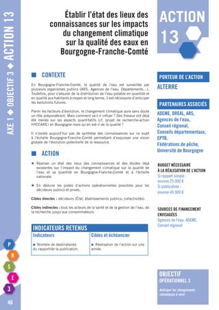 Axe1◆Objectif3◆Action13
46
Établir l’état des lieux des
connaissances sur les impacts
du changement climatique
sur la qualité des eaux en
Bourgogne-Franche-Comté
porteur de l’action
partenaires associés
Alterre
ADEME, DREAL, ARS,
Agences de l’eau,
Conseil régional,
Conseils départementaux,
EPTB,
Fédérations de pêche,
Université de Bourgogne
Budget nécessaire
à la réalisation de l’action
Si rapport simple :
environ 25 000 €
Si publication :
environ 45 000 €
Sources de financement
envisagées
Agences de l’eau, ADEME,
Conseil régional
■	Contexte
En Bourgogne-Franche-Comté, la qualité de l’eau est surveillée par
plusieurs organismes publics (ARS, Agences de l’eau, Départements…).
Toutefois, pour s’assurer de la distribution de l’eau potable en quantité et
en qualité aux habitants à moyen et long terme, il est nécessaire d’anticiper
les évolutions futures.
Parmi les facteurs d’évolution, le changement climatique aura sans doute
un rôle prépondérant. Mais comment va-t-il influer ? Des travaux ont déjà
été menés sur les aspects quantitatifs (cf. projet de recherche-action
HYCCARE) en Bourgogne mais qu’en est-il de la qualité ?
Il n’existe aujourd’hui pas de synthèse des connaissances sur ce sujet
à l’échelle Bourgogne-Franche-Comté permettant d’esquisser une vision
globale de l’évolution potentielle de la ressource.
■	Action
◆	Réaliser un état des lieux des connaissances et des études déjà
	 existantes sur l’impact du changement climatique sur la qualité de
	 l’eau et sa quantité en Bourgogne-Franche-Comté et à l’échelle
	nationale.
◆	En déduire les pistes d’actions opérationnelles possibles pour les
	 décideurs publics et privés.
Cibles directes : décideurs (état, établissements publics, collectivités).
Cibles indirectes : tous les acteurs de la santé et de la gestion de l’eau, de
la recherche jusqu’aux consommateurs.
Indicateurs retenus
Indicateurs
●	 Nombre de destinataires
du rapport/de la publication.
Cibles et échéancier
●	 Réalisation de l’action sur une
année.
objectif
opérationnel 3
Anticiper les changements
climatiques à venir
action
13
 