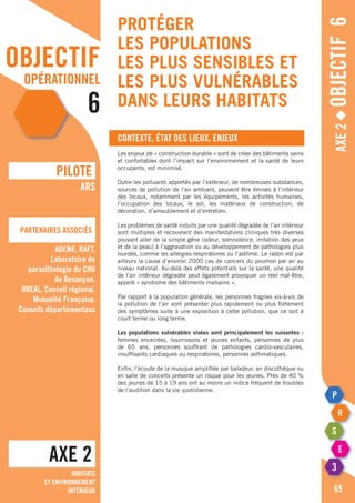 objectif
opérationnel
6
AXE 2
pILOTE
Partenaires associés
ARS
ADEME, RAFT,
Laboratoire de
parasithologie du CHU
de Besançon,
DREAL, Conseil régional,
Mutualité Française,
Conseils départementaux
Habitats
et environnement
intérieur
Axe2◆Objectif6
65
Protéger
les populations
les plus sensibles et
les plus vulnérables
dans leurs habitats
Contexte, état des lieux, enjeux
Les enjeux de « construction durable » sont de créer des bâtiments sains
et confortables dont l’impact sur l’environnement et la santé de leurs
occupants, est minimisé.
Outre les polluants apportés par l’extérieur, de nombreuses substances,
sources de pollution de l’air ambiant, peuvent être émises à l’intérieur
des locaux, notamment par les équipements, les activités humaines,
l’occupation des locaux, le sol, les matériaux de construction, de
décoration, d’ameublement et d’entretien.
Les problèmes de santé induits par une qualité dégradée de l’air intérieur
sont multiples et recouvrent des manifestations cliniques très diverses
pouvant aller de la simple gêne (odeur, somnolence, irritation des yeux
et de la peau) à l’aggravation ou au développement de pathologies plus
lourdes, comme les allergies respiratoires ou l’asthme. Le radon est par
ailleurs la cause d’environ 2000 cas de cancers du poumon par an au
niveau national. Au-delà des effets potentiels sur la santé, une qualité
de l’air intérieur dégradée peut également provoquer un réel mal-être,
appelé « syndrome des bâtiments malsains ».
Par rapport à la population générale, les personnes fragiles vis-à-vis de
la pollution de l’air vont présenter plus rapidement ou plus fortement
des symptômes suite à une exposition à cette pollution, que ce soit à
court terme ou long terme.
Les populations vulnérables visées sont principalement les suivantes :
femmes enceintes, nourrissons et jeunes enfants, personnes de plus
de 65 ans, personnes souffrant de pathologies cardio-vasculaires,
insuffisants cardiaques ou respiratoires, personnes asthmatiques.
Enfin, l’écoute de la musique amplifiée par baladeur, en discothèque ou
en salle de concerts présente un risque pour les jeunes. Près de 40 %
des jeunes de 15 à 19 ans ont au moins un indice fréquent de troubles
de l’audition dans la vie quotidienne.
 