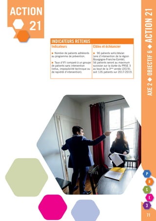 Axe2◆Objectif6◆Action21
71
action
21
Indicateurs retenus
Indicateurs
●	 Nombre de patients adhérents
au programme de prévention.
●	 Taux d’IFI comparé à un groupe
de patients sans intervention
(refus, impossibilité technique ou
de rapidité d’intervention).
Cibles et échéancier
●	 90 patients sollicités/an
(aire d’intervention de la région
Bourgogne-Franche-Comté),
56 patients seront au maximum
suivis/an sur la durée du PRSE 3
au bout de la 3ème
année (2019),
soit 126 patients sur 2017-2019.
 