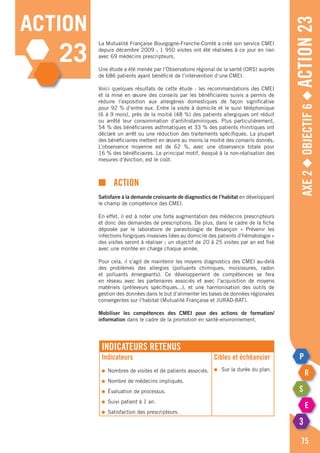 Axe2◆Objectif6◆Action23
75
action
23
La Mutualité Française Bourgogne-Franche-Comté a créé son service CMEI
depuis décembre 2009 ; 1 950 visites ont été réalisées à ce jour en lien
avec 69 médecins prescripteurs.
Une étude a été menée par l’Observatoire régional de la santé (ORS) auprès
de 686 patients ayant bénéficié de l’intervention d’une CMEI.
Voici quelques résultats de cette étude : les recommandations des CMEI
et la mise en œuvre des conseils par les bénéficiaires suivis a permis de
réduire l’exposition aux allergènes domestiques de façon significative
pour 92 % d’entre eux. Entre la visite à domicile et le suivi téléphonique
(6 à 9 mois), près de la moitié (48 %) des patients allergiques ont réduit
ou arrêté leur consommation d’antihistaminiques. Plus particulièrement,
54 % des bénéficiaires asthmatiques et 33 % des patients rhinitiques ont
déclaré un arrêt ou une réduction des traitements spécifiques. La plupart
des bénéficiaires mettent en œuvre au moins la moitié des conseils donnés.
L’observance moyenne est de 62 %, avec une observance totale pour
16 % des bénéficiaires. Le principal motif, évoqué à la non-réalisation des
mesures d’éviction, est le coût.
■	Action
Satisfaire à la demande croissante de diagnostics de l’habitat en développant
le champ de compétence des CMEI.
En effet, il est à noter une forte augmentation des médecins prescripteurs
et donc des demandes de prescriptions. De plus, dans le cadre de la fiche
déposée par le laboratoire de parasitologie de Besançon « Prévenir les
infections fongiques invasives liées au domicile des patients d’hématologie »
des visites seront à réaliser ; un objectif de 20 à 25 visites par an est fixé
avec une montée en charge chaque année.
Pour cela, il s’agit de maintenir les moyens diagnostics des CMEI au-delà
des problèmes des allergies (polluants chimiques, moisissures, radon
et polluants émergeants). Ce développement de compétences se fera
en réseau avec les partenaires associés et avec l’acquisition de moyens
matériels (préleveurs spécifiques...), et une harmonisation des outils de
gestion des données dans le but d’alimenter les bases de données régionales
convergentes sur l’habitat (Mutualité Française et JURAD-BAT).
Mobiliser les compétences des CMEI pour des actions de formation/
information dans le cadre de la promotion en santé-environnement.
Indicateurs retenus
Indicateurs
●	 Nombres de visites et de patients associés.
●	 Nombre de médecins impliqués.
●	 évaluation de processus.
●	 Suivi patient à 1 an.
●	 Satisfaction des prescripteurs.
Cibles et échéancier
●	 Sur la durée du plan.
 