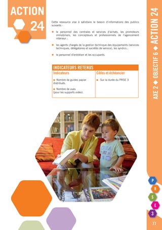 Axe2◆Objectif6◆Action24
77
action
24
Cette ressource vise à satisfaire le besoin d’informations des publics
suivants :
◆	le personnel des centrales et services d’achats, les promoteurs
	 immobiliers, les concepteurs et professionnels de l’agencement
	 intérieur ;
◆	 les agents chargés de la gestion technique des équipements (services
	 techniques, délégataires et sociétés de service), les syndics ;
◆	 le personnel d’entretien et les occupants.
Indicateurs retenus
Indicateurs
●	 Nombre de guides papier
distribués.
●	 Nombre de vues
(pour les supports vidéo).
Cibles et échéancier
●	 Sur la durée du PRSE 3
 
