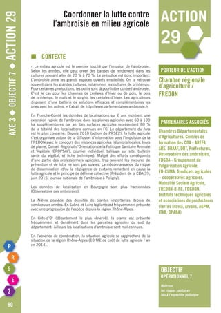 Axe3◆Objectif7◆Action29
90
Coordonner la lutte contre
l’ambroisie en milieu agricole
porteur de l’action
partenaires associés
Chambre régionale
d’agriculture /
FREDON
Chambres Départementales
d’Agricultures, Centres de
formation des CDA - AREFA,
ARS, DRAAF, DDT, Préfectures,
Observatoire des ambroisies,
FDGDA - Groupement de
Vulgarisation Agricole,
FD-CUMA, Syndicats agricoles
– coopératives agricoles,
Mutualité Sociale Agricole,
FREDON-B-FC, FDGDON,
Instituts techniques agricoles
et associations de producteurs
(Terres Inovia, Arvalis, AGPM,
ITAB, OPABA)
■	Contexte
« Le milieu agricole est le premier touché par l’invasion de l’ambroisie.
Selon les années, elle peut créer des baisses de rendement dans les
cultures pouvant aller de 20 % à 70 %. Le préjudice est donc important.
L’ambroisie aime les grands espaces ouverts ensoleillés. On la retrouve
souvent dans les grandes cultures, notamment les cultures de printemps.
Pour certaines productions, les outils sont là pour lutter contre l’ambroisie.
C’est le cas pour les chaumes de céréales d’hiver ou de pois, le pois
de printemps, le maïs et le sorgho, les céréales d’hiver. Les agriculteurs
disposent d’une batterie de solutions efficaces et complémentaires les
unes avec les autres. » Extrait de http://www.parlementaires-ambroisie.fr
En Franche-Comté les données de localisations sur 6 ans montrent une
extension rapide de l’ambroisie dans les plaines agricoles avec 60 à 100
ha supplémentaires par an. Les surfaces agricoles représentent 80 %
de la totalité des localisations connues en FC. Le département du Jura
est le plus concerné. Depuis 2010 (action du PRSE2), la lutte agricole
s’est organisée autour de la diffusion d’information sous l’impulsion de la
FREDON avec le concours des instances agricoles (réunions locales, tours
de plaine, Conseil Régional d’Orientation de la Politique Sanitaire Animale
et Végétale (CROPSAV), courrier individuel, balisage sur site, bulletin
santé du végétal, et fiche technique). Malgré des efforts conséquents
d’une partie des professionnels agricoles, trop souvent les mesures de
prévention et de lutte ne sont pas suivies. La méconnaissance du risque
de dissémination et/ou la négligence de certains remettent en cause la
lutte agricole et le principe de défense collective (Président de la CDA 39,
juin 2015, journée nationale de l’ambroisie à Poligny).
Les données de localisation en Bourgogne sont plus fractionnées
(Observatoire des ambroisies).
La Nièvre possède des densités de plantes importantes depuis de
nombreuses années. En Saône-et-Loire la plante est fréquemment présente
avec une progression de l’espèce depuis la région Rhône-Alpes.
En Côte-d’Or (département le plus observé), la plante est présente
fréquemment et densément dans les parcelles agricoles du sud du
département. Ailleurs les localisations d’ambroisie sont mal connues.
En l’absence de coordination, la situation agricole se rapprochera de la
situation de la région Rhône-Alpes (10 M€ de coût de lutte agricole / an
en 2014).
action
29
objectif
opérationnel 7
Maîtriser
les risques sanitaires
liés à l’exposition pollinique
 